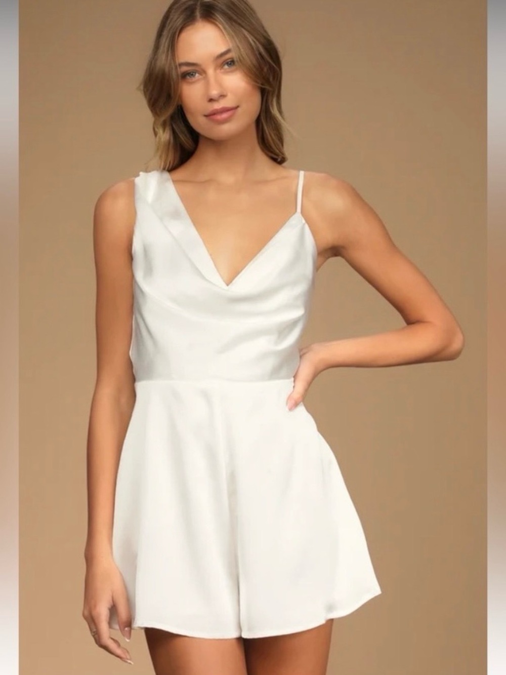Lulus Likely Lover Ivory Satin Asymmetrical Cowl Neck Romper